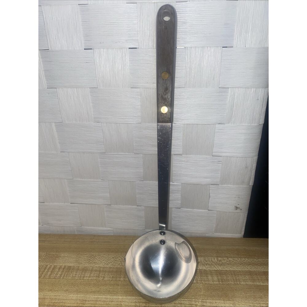VTG MCM Stainless Steel Soup Ladle Brass Riveted Wood Handle 12” Long